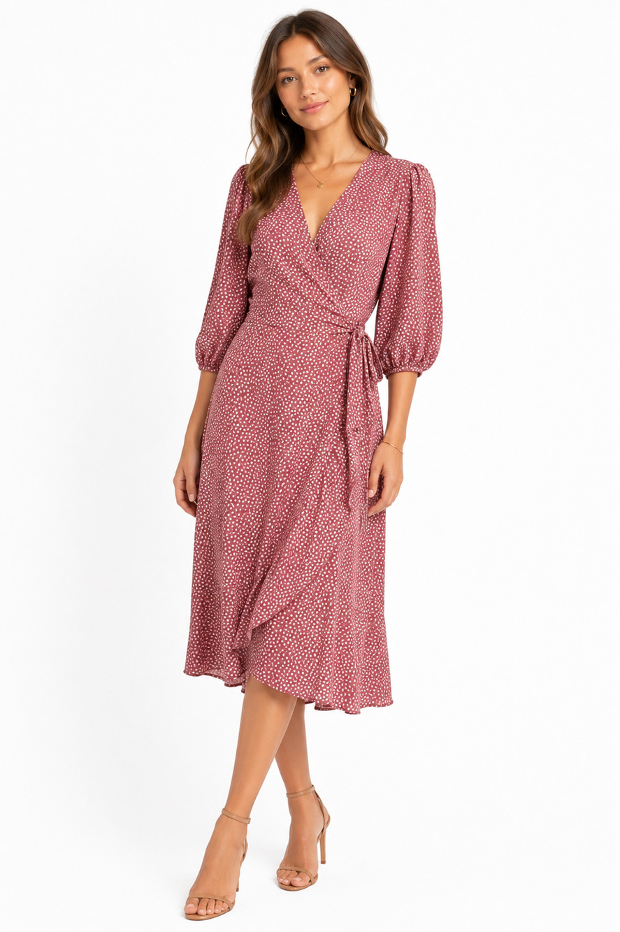 Lucy Paris Womens Wrap Style Dark Pink 3/4 Sleeve Puff Midi Dress V-Neck sz L